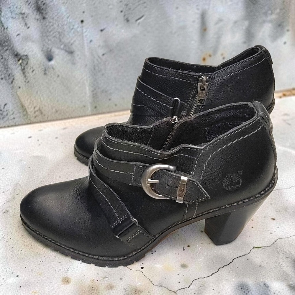Timberland Earthkeepers Black Leather Heeled Ankle Boots Buckle Zip Booties 9M